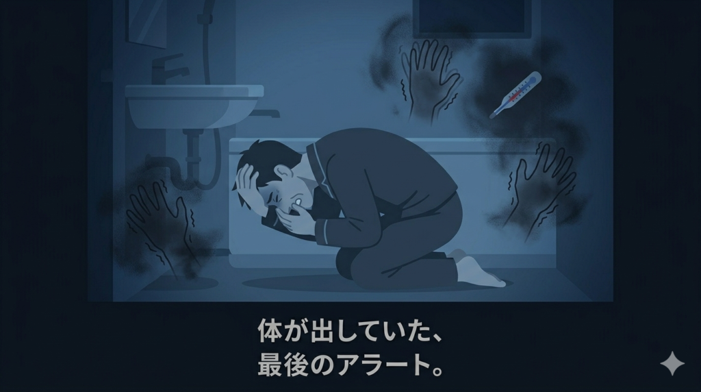 暗い部屋で、30〜40代の日本人男性が洗面台の前でうずくまり、口元を押さえている。全体的に青みがかった暗い色調。背景には、震える手や体温計の低い数字が、不安を煽るようなモヤとしたエフェクトで描かれている。