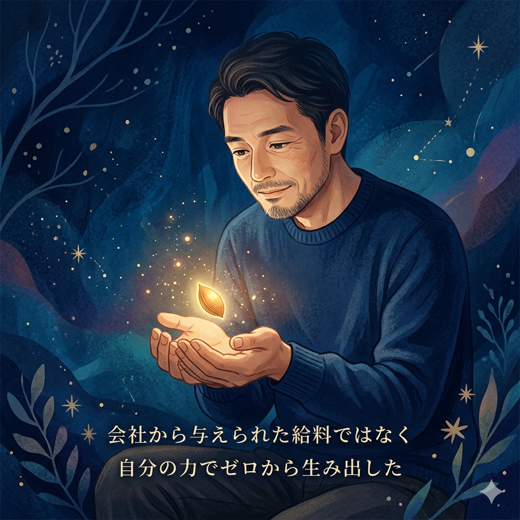 手のひらに小さな光る種を持っている40代日本人男性のイラスト。「自分で生み出した小さな希望」「自由の芽生え」を詩的に表現。