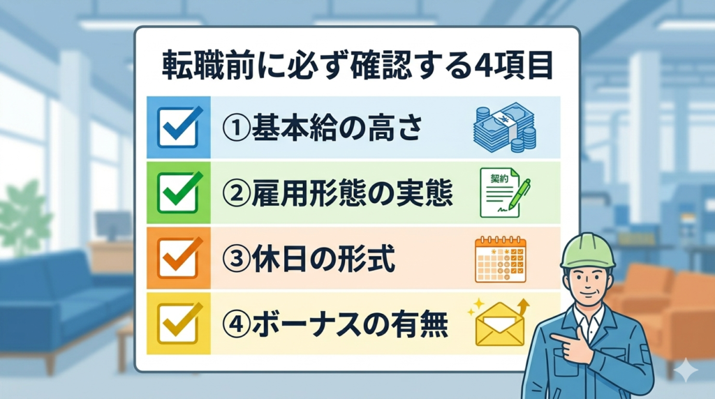 4つのチェックボックスに順番にチェックが入っているイラスト。各項目に対応したシンプルなアイコンが並んでいる。「転職前に必ず確認する4項目」を視覚的に整理したインフォグラフィック風。