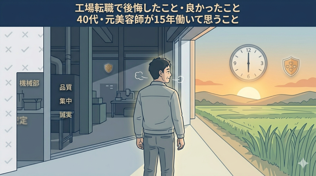 工場の入口の前に立ち、振り返りながら空を見上げている40代日本人男性の後ろ姿のイラスト。「15年を振り返る」「後悔と感謝が共存する」穏やかな雰囲気。落ち着いたブルーとオレンジの夕暮れ色調。