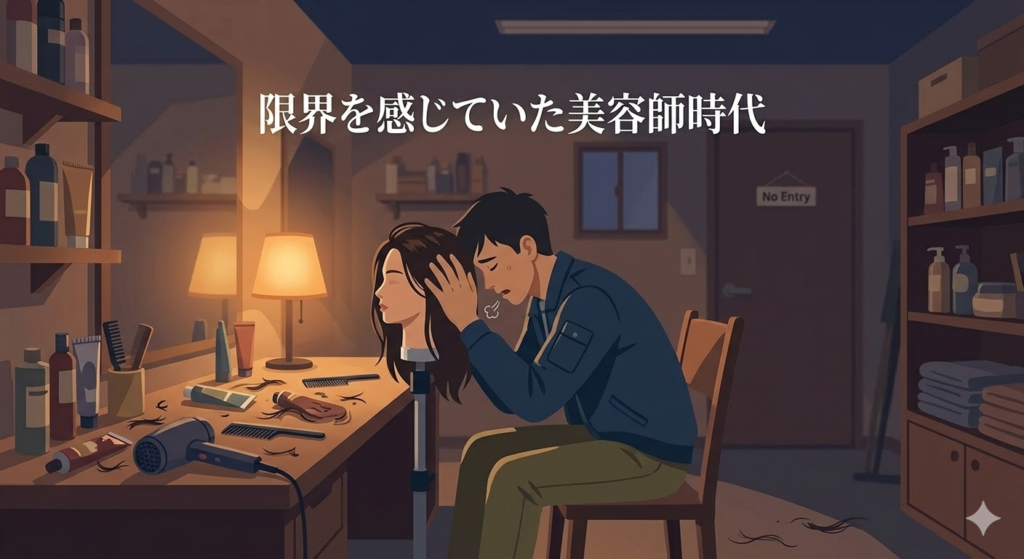 画像生成プロンプト  
美容室のバックルームで、若い日本人男性美容師が疲れた表情で椅子に座り、練習用ウィッグを前に深く息をついている様子。暖色系の光。シンプルなフラットイラスト風。画像内に「限界を感じていた美容師時代」と入れる。