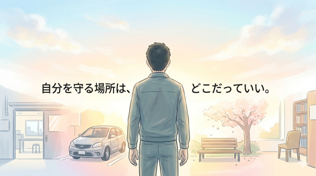 空を見上げる40代日本人男性の後ろ姿のフラットイラスト。背景には、工場、車、公園など、彼が選んだ「自分だけの場所」が明るく穏やかなグラデーションで描かれている。光が差し込むポジティブな雰囲気。