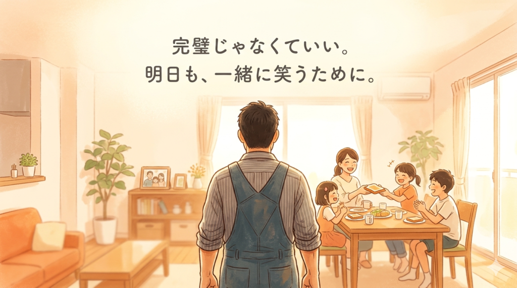 明るい朝の光が差し込むリビング。30〜40代の日本人男性の「背中」が画面中央に大きく描かれ、その先には食卓を囲んで笑顔で過ごす家族の姿がぼんやりと温かく描かれている。男性の作業着姿の背中からは、不器用ながらも家族を支える強さと優しさが伝わってくる。全体的にオレンジやイエローを基調とした、非常に明るく希望に満ちたトーン。