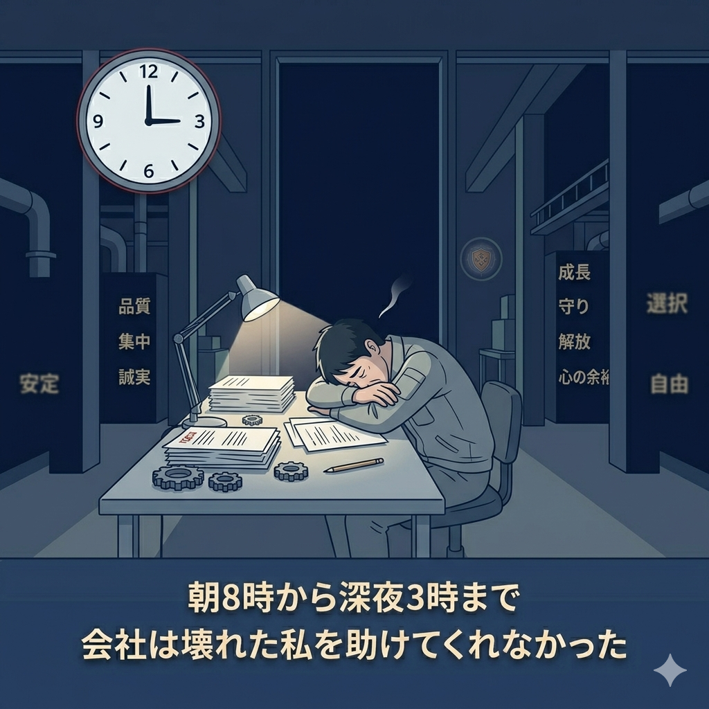深夜の工場で一人、机に突っ伏している40代日本人男性のイラスト。時計が深夜3時を指している。窓の外は真っ暗。「限界を超えた孤独な戦い」の重さと悲しさが漂う空間。
