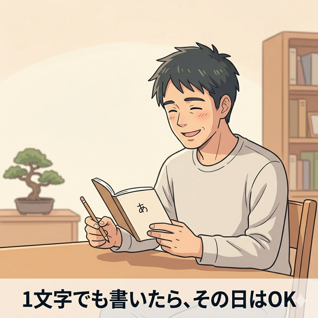 小さなメモ帳に一言だけ書いた40代日本人男性のイラスト。「少しでも前に進んだ」という達成感と安堵の表情。