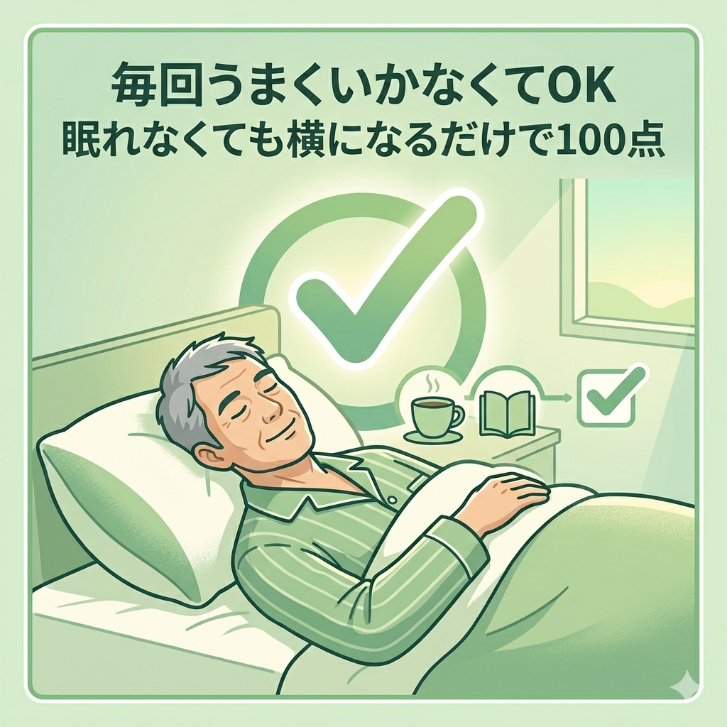 ベッドで横になってリラックスしている40代日本人男性のイラスト。眠れていなくても穏やかで落ち着いた表情。「割り切り」「許可」の安心感。チェックマークや「OK」を感じさせるシンプルな構図。ベッドで横になってリラックスしている40代日本人男性のイラスト。眠れていなくても穏やかで落ち着いた表情。「割り切り」「許可」の安心感。チェックマークや「OK」を感じさせるシンプルな構図。