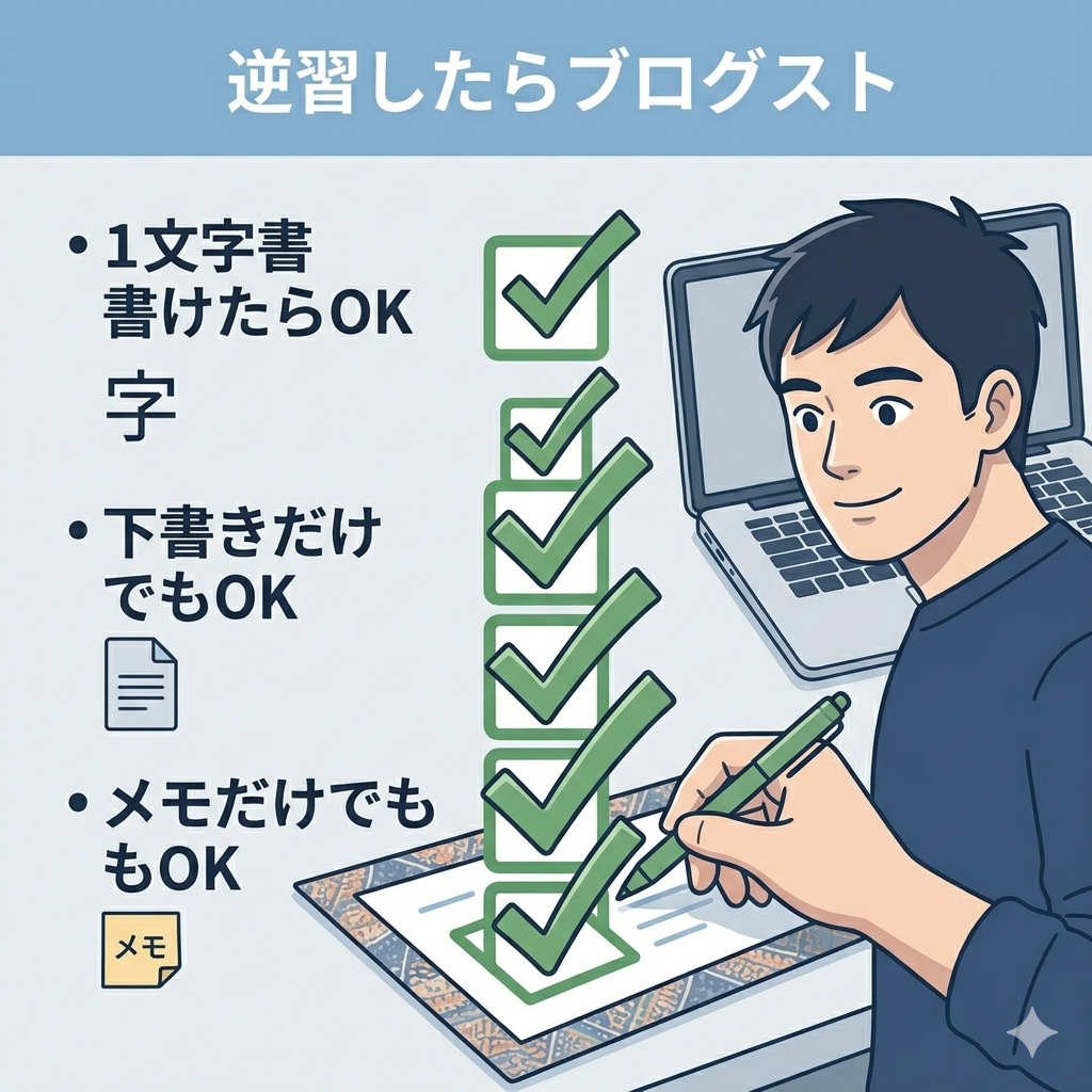 チェックリストに次々とチェックを入れている40代日本人男性のイラスト。「小さな達成を積み重ねる」「ハードルを下げる」実用的な雰囲気。