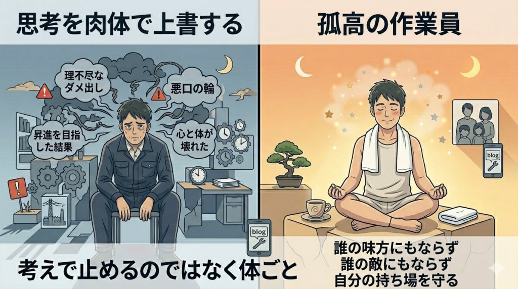 工場の広い作業場の中心で、一人黙々と作業している40代日本人男性のイラスト。周囲では人々が動いているが、男性だけが静かな光の中にいる。「孤高・自分の世界・誰にも乱されない」神聖な雰囲気。柔らかいゴールドと白の光。