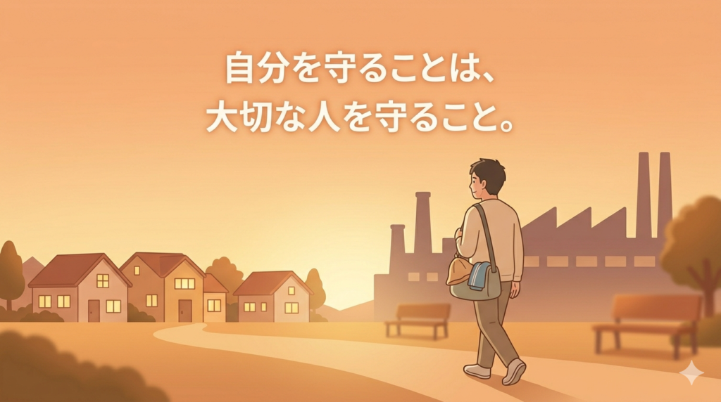 夕暮れ時の優しいオレンジ色の光の中、30〜40代の日本人男性が、工場の出口から家の方を向いて歩き出している。彼のカバンの中からは、サウナハットやトレーニングウェアが少しだけ覗いている。全体的に非常に暖かく、幸福感のあるトーン。