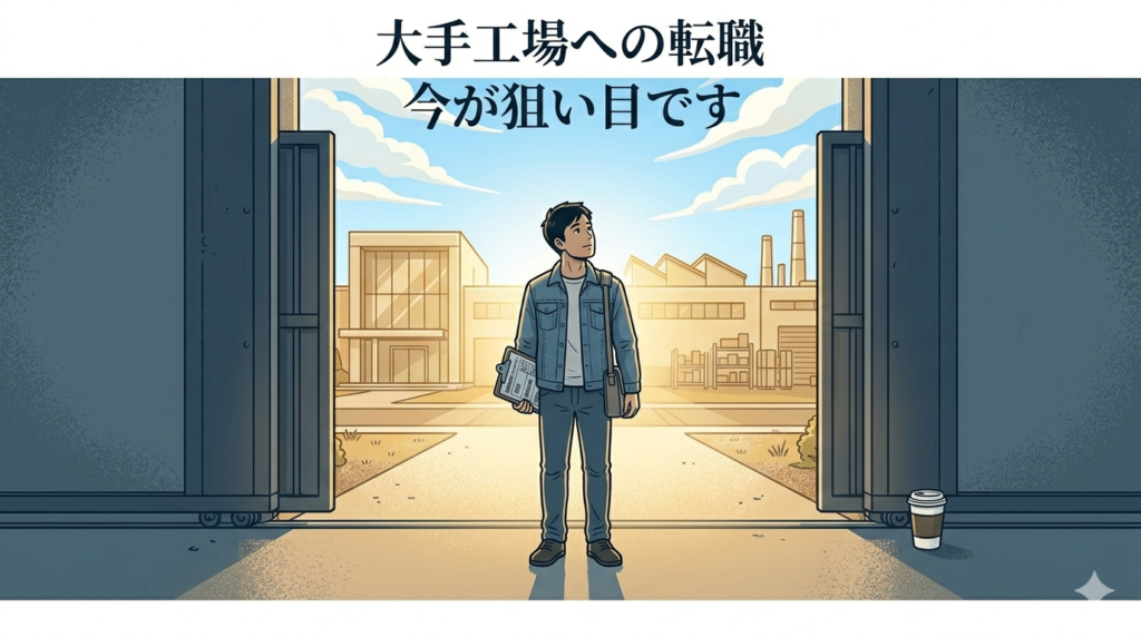 大きな工場の正門が開いている様子を見つめている40代日本人男性のイラスト。「チャンス・好機・新しい扉が開く」という前向きなイメージ。空は明るい青空で希望感がある。