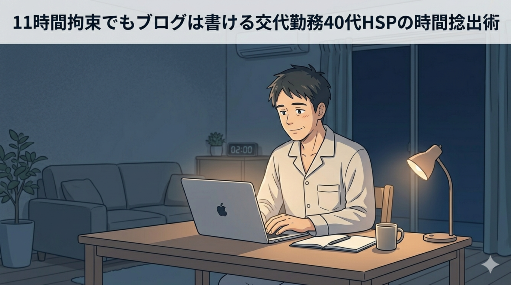 深夜の静かなリビングで、ノートパソコンに向かっている40代日本人男性のイラスト。周囲は暗く、画面の光だけが顔を照らしている。疲れているが前向きな表情。「深夜の孤独な挑戦」「静かな意志」を感じさせる雰囲気。