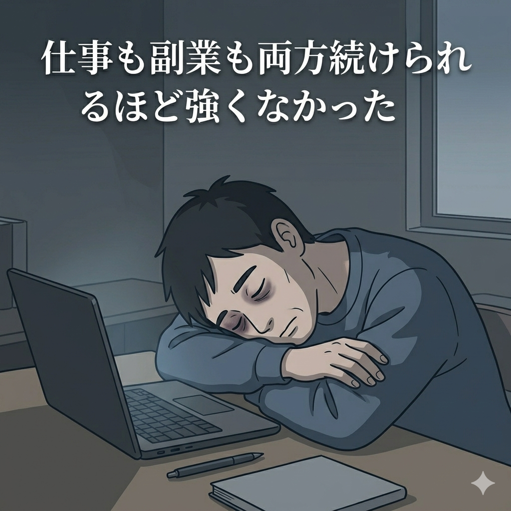 疲れ果ててデスクに突っ伏している40代日本人男性のイラスト。「無理をしすぎた結果」の静かな疲労感。責めるでもなく、ただ疲れている。