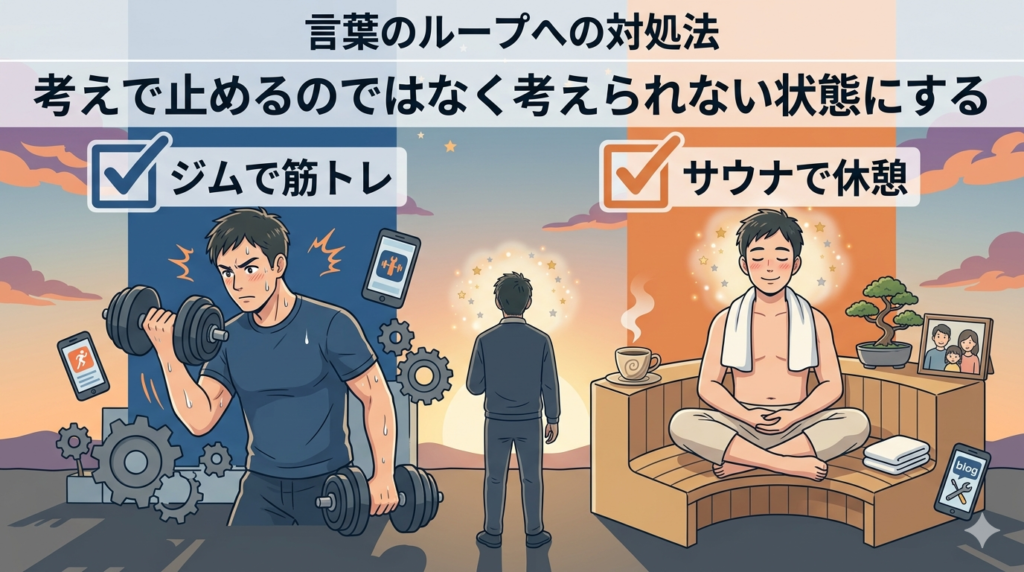左右に分かれた対比イラスト。左:ジムで筋トレをしている40代日本人男性(集中・汗・動)。右:サウナの休憩スペースでリラックスしている40代日本人男性(静・瞑想・整)。「2つの物理的リセット方法」を実用的に表現。