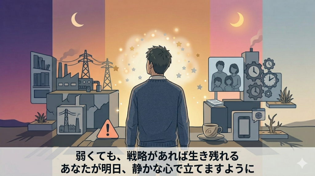 夜明け前の工場の外に立ち、遠くの空を見上げている40代日本人男性の後ろ姿のイラスト。空はまだ暗いが、地平線に細い光の線が見える。「長い夜の終わり・明日への希望」の雰囲気。