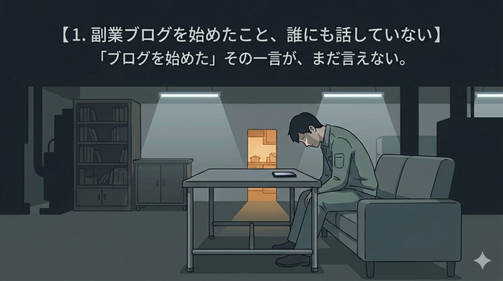 30-40代の日本人男性が、夜の薄暗いリビングでソファに座り、スマートフォンの画面をじっと見つめている。部屋の明かりは消えており、スマホの光だけが彼の顔を照らしている。反対側の壁の向こう（奥の部屋）からは、かすかに暖色系の明かりが漏れており、家族がそこにいる気配を感じさせるが、男性は孤独な影の中にある。