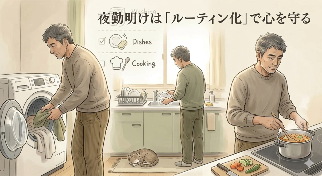 帰宅後に洗濯・食器洗い・食事準備を淡々とこなす40代日本人男性。背景にチェックリスト風のアイコンを配置し、ルーティン化を象徴。