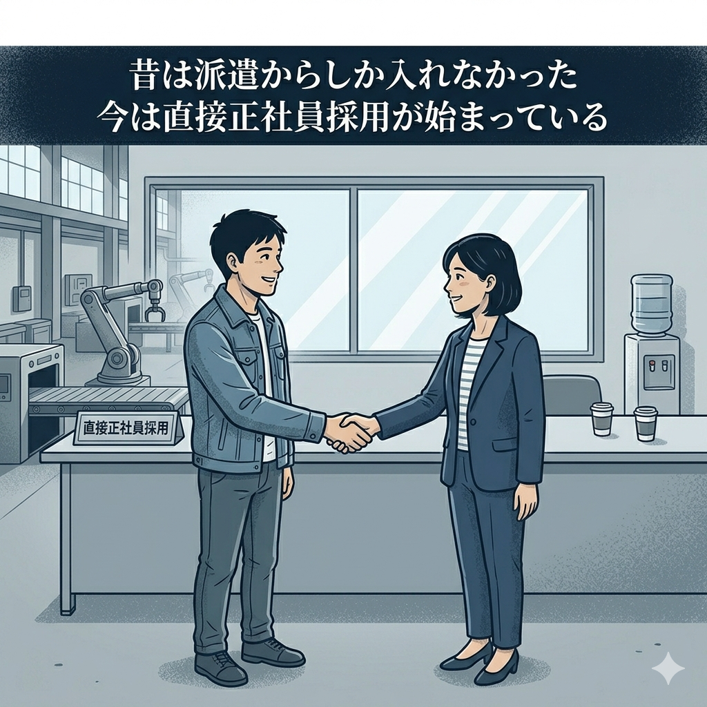 採用担当者と40代日本人男性が握手をしているイラスト。「直接採用・正社員・信頼」のイメージ。明るくクリーンな雰囲気。
