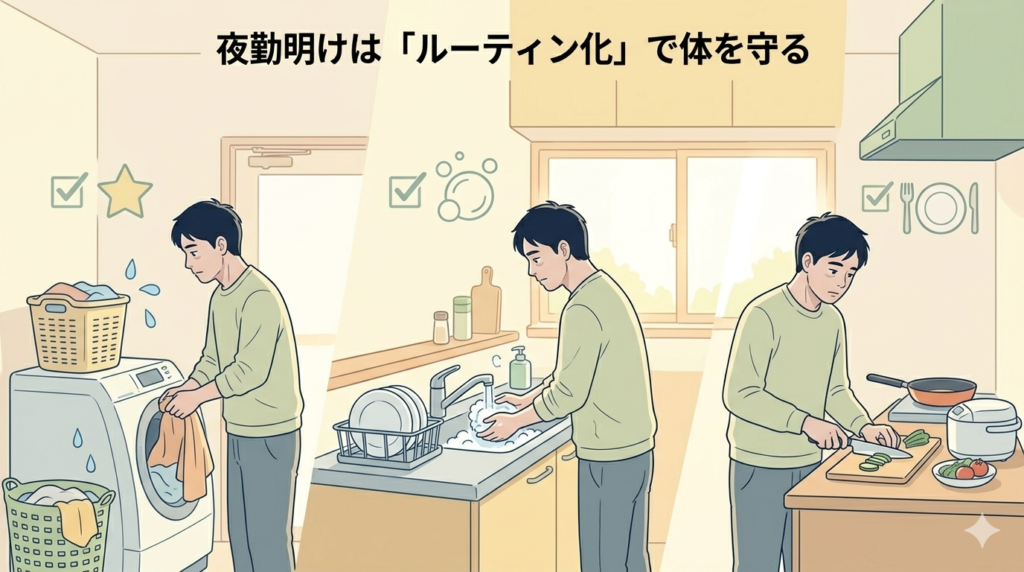 帰宅後に洗濯・食器洗い・食事準備を淡々とこなす40代日本人男性。背景にチェックリスト風のアイコンを配置し、ルーティン化を象徴。