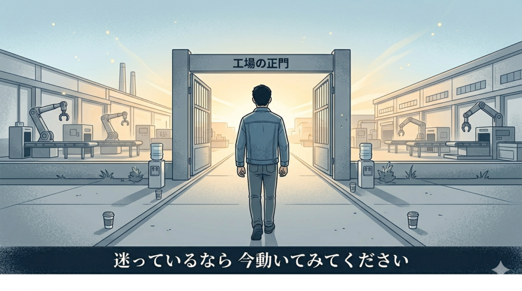 明るい朝の工場正門に向かって歩き出している40代日本人男性の後ろ姿のイラスト。「一歩を踏み出す・前向き・希望」のイメージ