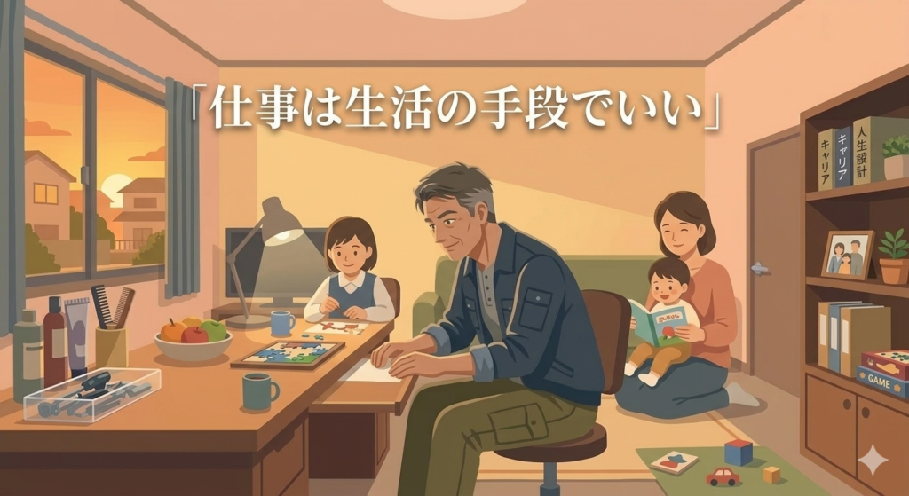 夕方のリビングで、40代の日本人男性が家族と穏やかに過ごしている様子。柔らかい夕日。