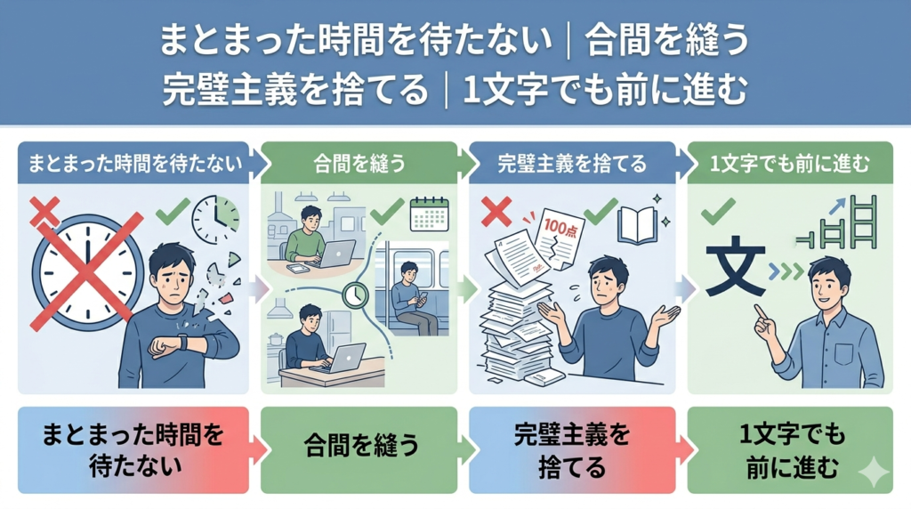 4つのポイントをアイコンと矢印で表現したインフォグラフィック風イラスト。「時計×」「合間○」「完璧主義×」「1文字○」のシンプルな対比構図。