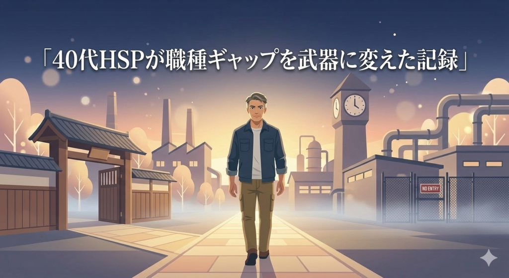 40代の日本人男性が工場の外で静かに前を向き、過去と未来を見つめるように立っている様子。