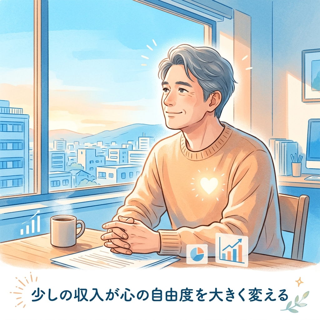 窓の外を見ながら「少しだけ心に余裕が生まれた」穏やかな表情の40代日本人男性のイラスト。「自由・余裕・解放感」を詩的に表現。