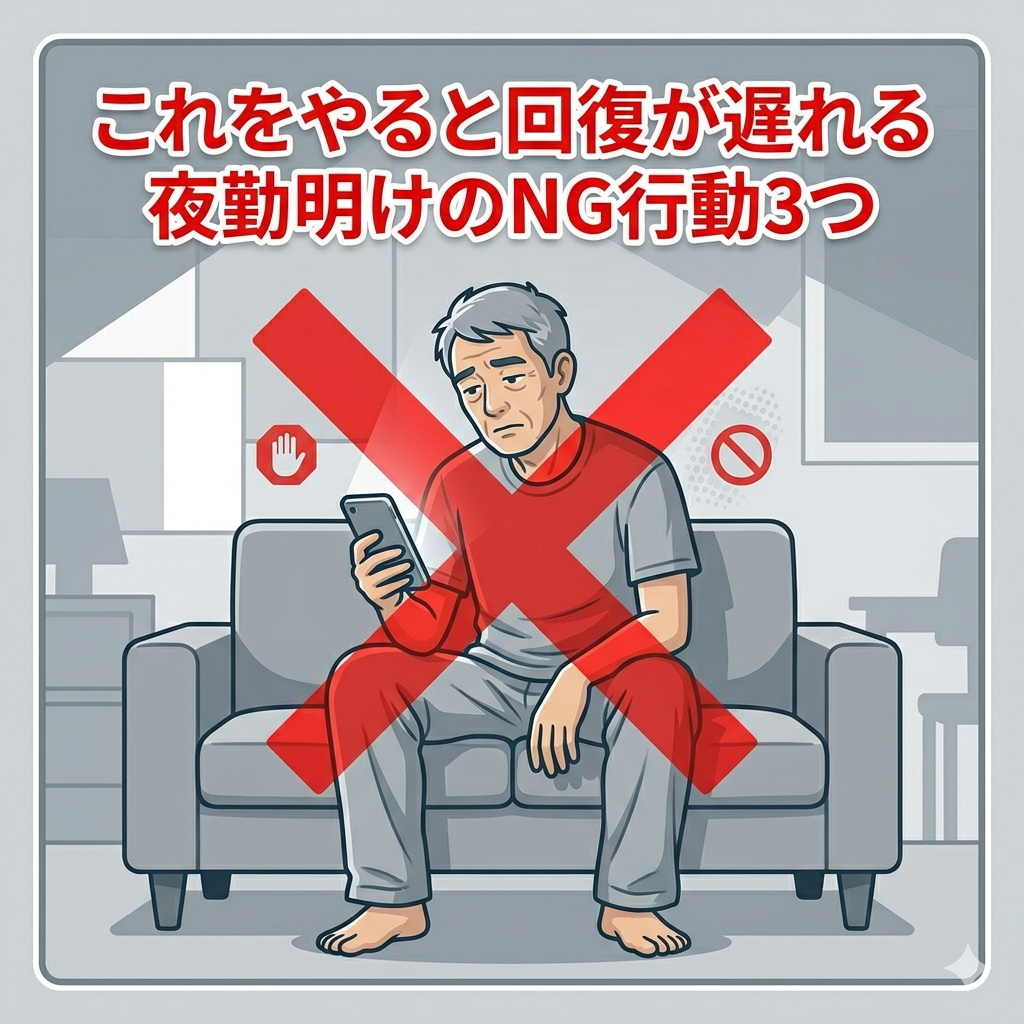 ファでスマホを見ている40代日本人男性に赤い×マークが重なっているイラスト。「やめたほうがいい」を視覚的に表現した警告感のある構図。赤とグレーを基調としたシンプルなフラットイラスト。