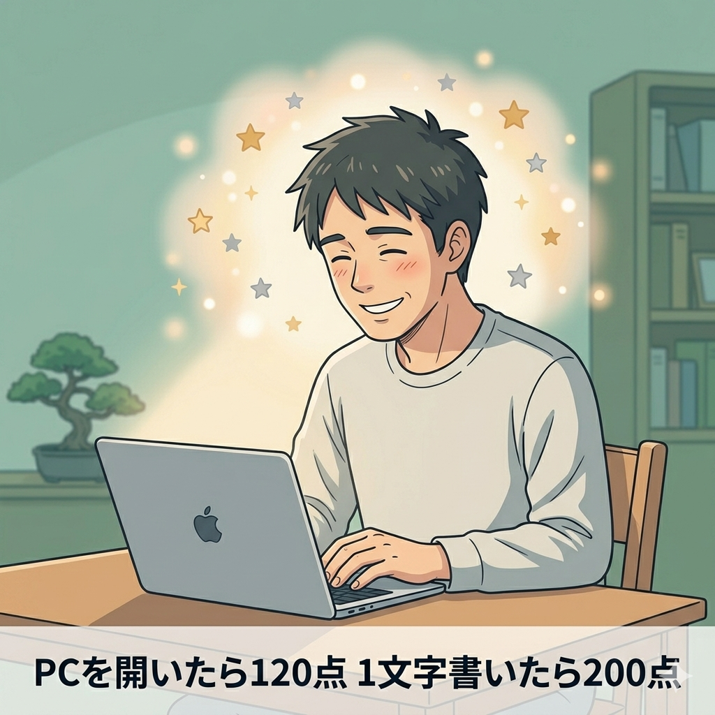 ノートパソコンを開いて、ほっとした表情で画面を見ている40代日本人男性のイラスト。「小さな達成感」「自分を許す瞬間」の安堵感。頭上に小さな星や光が散りばめられた「成功の瞬間」の演出。