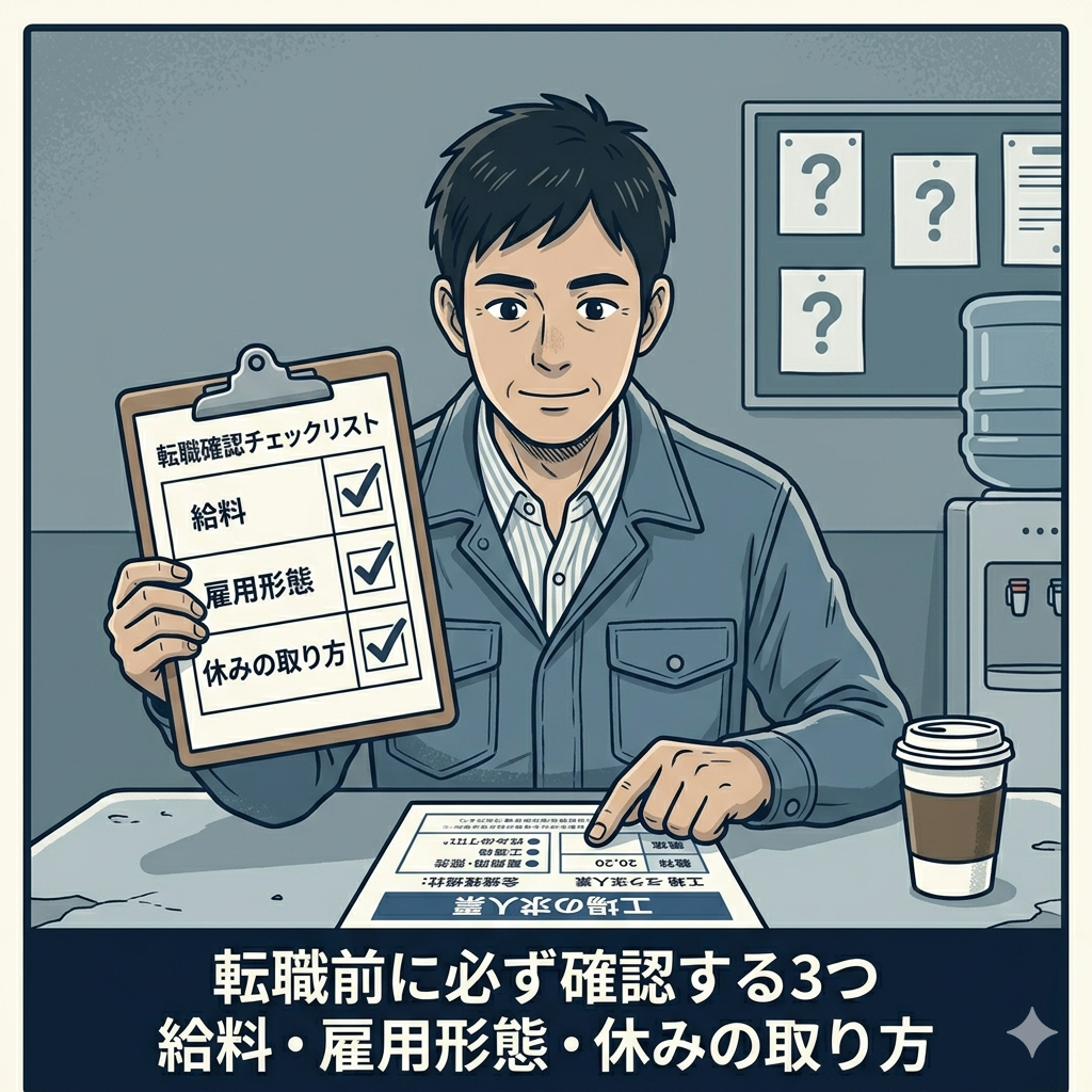 チェックリストを手に持って工場の求人票を確認している40代日本人男性のイラスト。「しっかり確認・判断・準備」という実用的で前向きなイメージ。