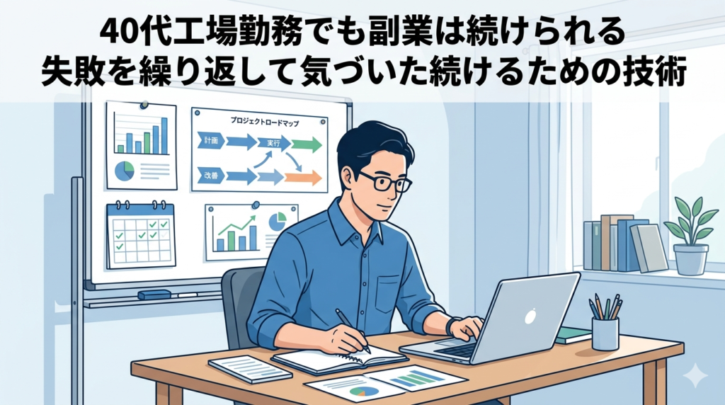 デスクの前でノートとパソコンを広げ、計画的に作業している40代日本人男性のイラスト。「戦略的・実用的・続けられる仕組みがある」雰囲気。