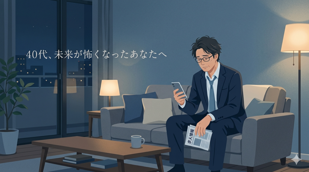 夜のリビングで40代男性が一人、未来への不安を抱えながら静かに座っている様子。スーツ姿で、手にはスマホや求人情報。青とグレーの落ち着いた色調。静かで孤独ではなく、共感を誘う雰囲気。