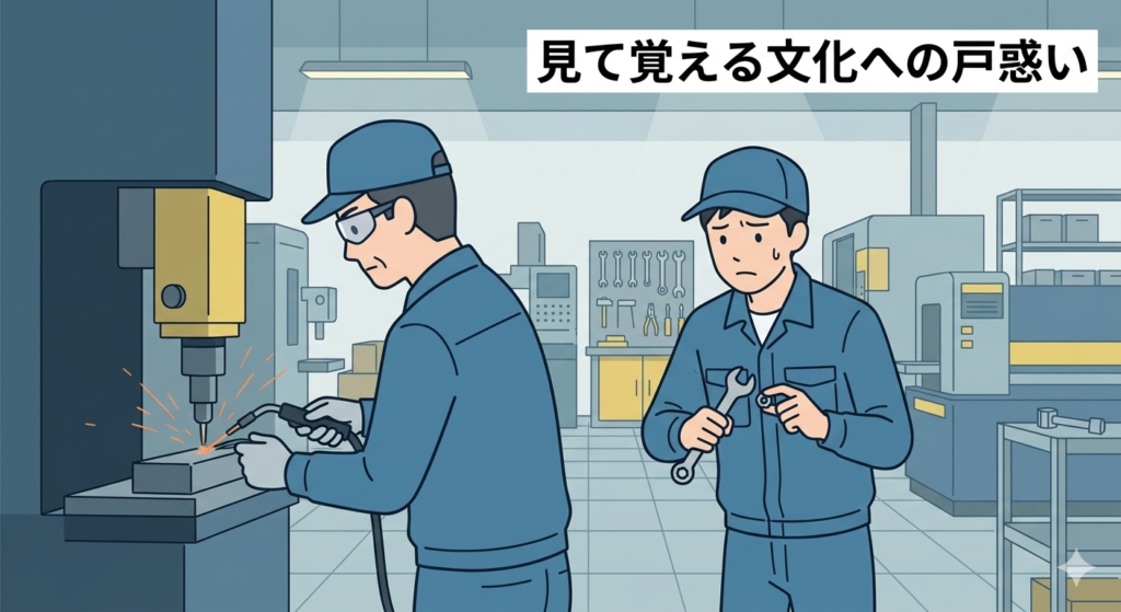 工場で先輩が無言で作業し、後輩が後ろから見よう見まねで覚えようとしている様子。説明がなく戸惑う空気。