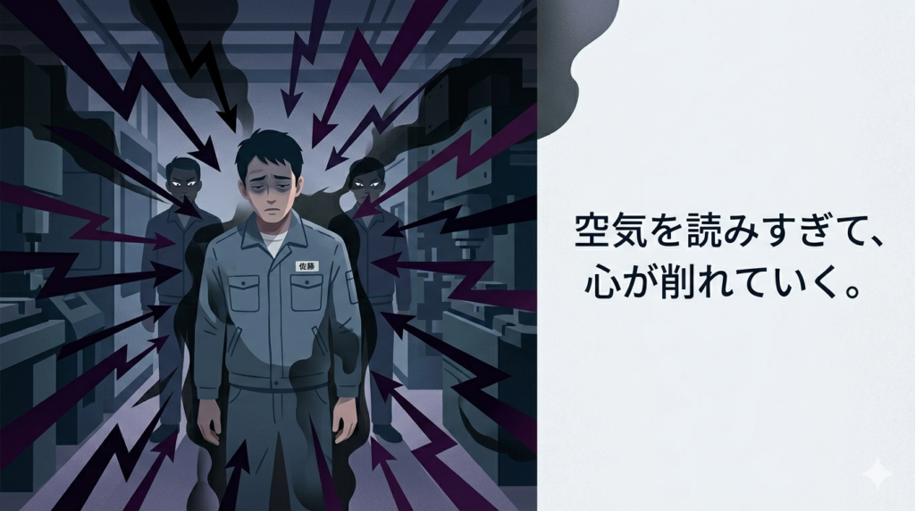 工場の通路で、作業着を着た30代後半の日本人男性が、周囲の同僚たちの視線や、ピリピリした空気感（鋭い矢印や重い影のような表現）を敏感に感じ取って、肩をすくめています。仕事の集中力と同僚への気遣いが同時に押し寄せ、彼を圧迫している様子。トーンはさらに暗く、少し重苦しい雰囲気。