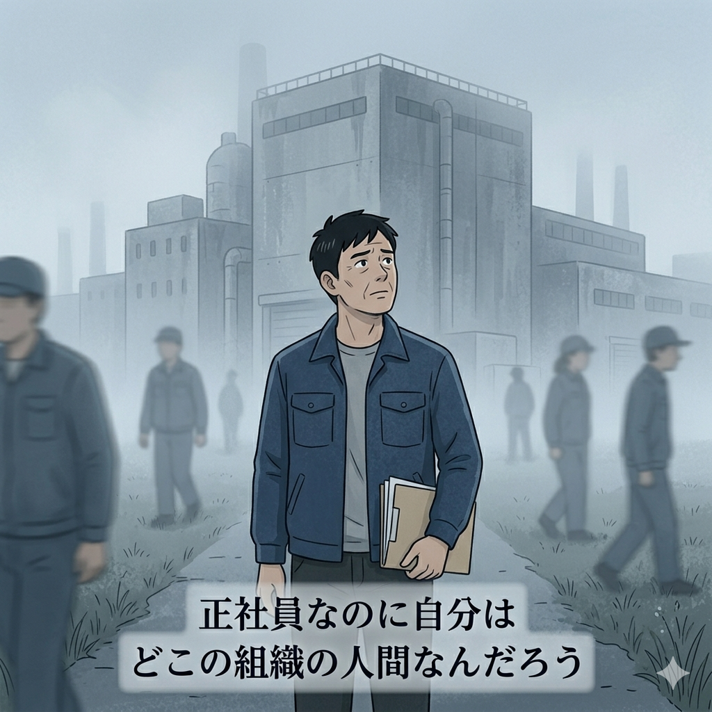 見知らぬ工場の前で一人立ちつくしている40代日本人男性のイラスト。周囲は知らない人ばかりで「所属感のなさ・孤独・漂流感」が漂う雰囲気。霧がかかったような重いグレーとブルーの色調。