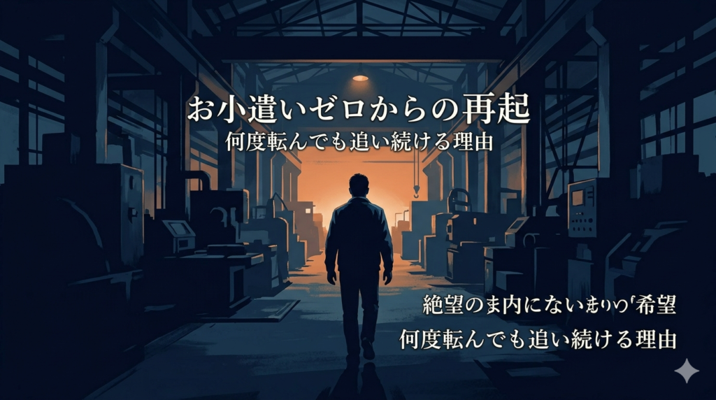 暗い工場の中で一人、遠くに見える小さな光に向かって歩いている40代日本人男性の後ろ姿のイラスト。「絶望の中にある希望の光」「諦めない意志」を詩的に表現。