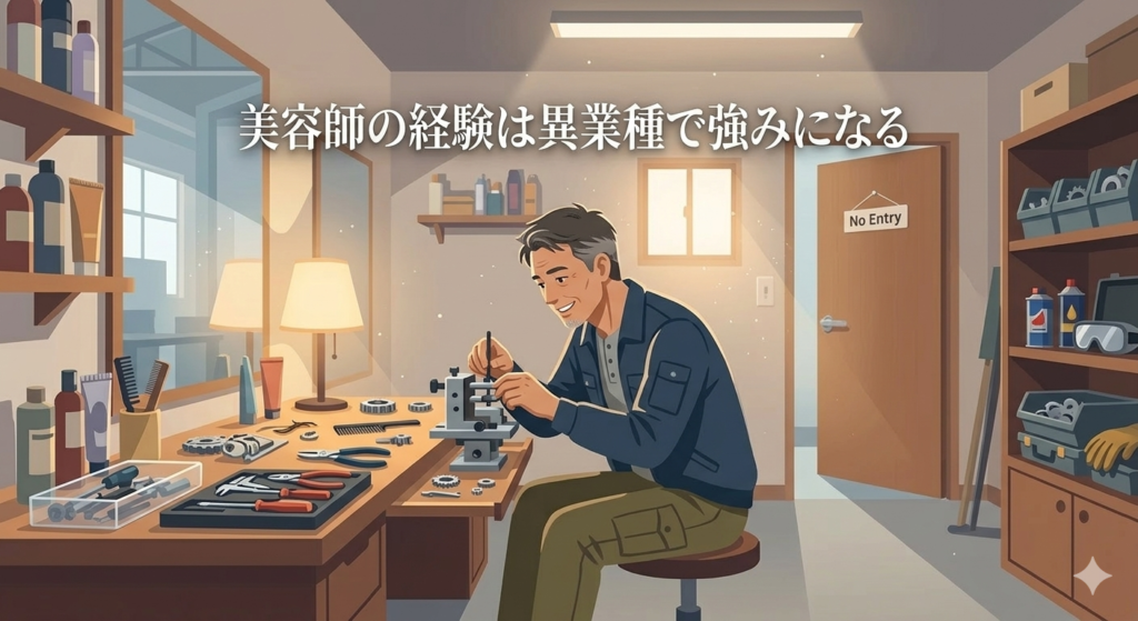 工場の作業台で、40代の日本人男性が整理整頓された工具を前に丁寧に作業している様子。光が差し込む前向きな雰囲気。