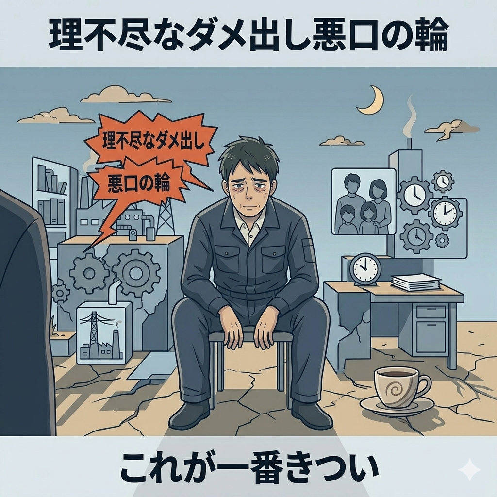 職場で誰かから一方的に話しかけられている40代日本人男性のイラスト。男性は困惑した表情で、相手の言葉が重くのしかかっている様子。「理不尽さ」「消耗感」をシンプルに表現。