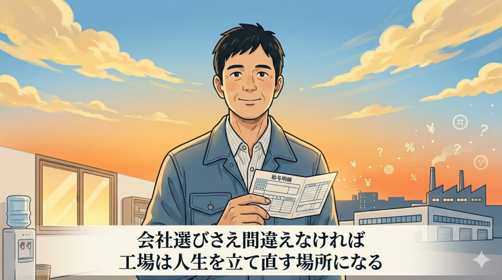 明けの空を背景に新しい工場の前に立ち前を向いている40代日本人男性のイラスト。「長い夜が終わり新しい朝が来た」「再スタート・希望・確信」の雰囲気。