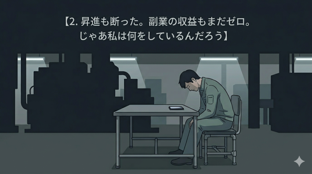 作業服を着た30-40代の日本人男性が、深夜の工場の無機質な休憩室で、一人パイプ椅子に座りうなだれている。テーブルの上にはスマートフォンが置かれているが、画面は暗い。彼の背後には巨大な機械の影や、冷たい蛍光灯の光が当たる無人の空間が広がっている。全体的に彩度が低く、グレーや深い青、緑を基調とした暗く沈んだトーン。
