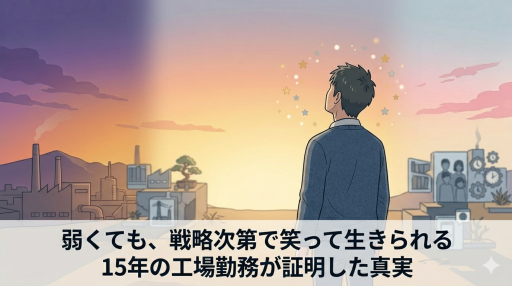 夜明けの工場の外に立ち、空を見上げている40代日本人男性のイラスト。空はオレンジと紫のグラデーション。「長い夜が終わり新しい朝が来た」希望の雰囲気。「戦い抜いた者の静かな誇り」を感じさせる後ろ姿。