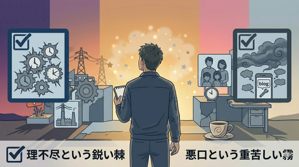 工場の職場空間を二分割したイラスト。左側：誰かから一方的に言葉を浴びせられている男性（棘のイメージ）。右側：重い霧のような空気に包まれている男性（霧のイメージ）。「2種類の消耗」を詩的に表現。