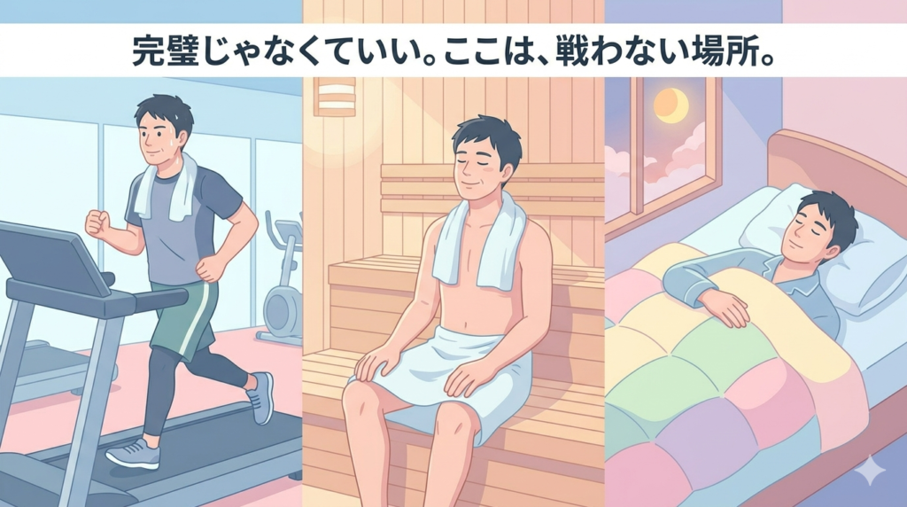 画面を3分割し、左に「ジムで汗を流す男性」、中央に「サウナでリラックスする男性」、右に「布団で穏やかに横になる男性」を配置。パステルカラーの暖かみのある色調。男性の表情は穏やかで、肩の力が抜けている。
