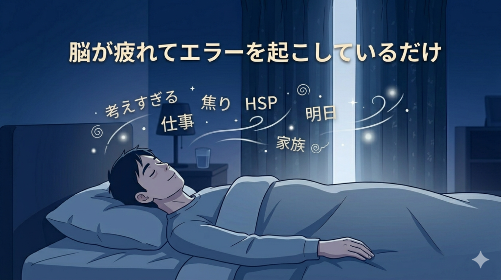 暗い寝室で横になりながら、静かに目を閉じている40代日本人男性のイラスト。頭の中の言葉やノイズが、ゆっくりと消えていくイメージを背景で表現。「手放す」「受け流す」穏やかな雰囲気。ダークブルーと白のシンプルな配色。