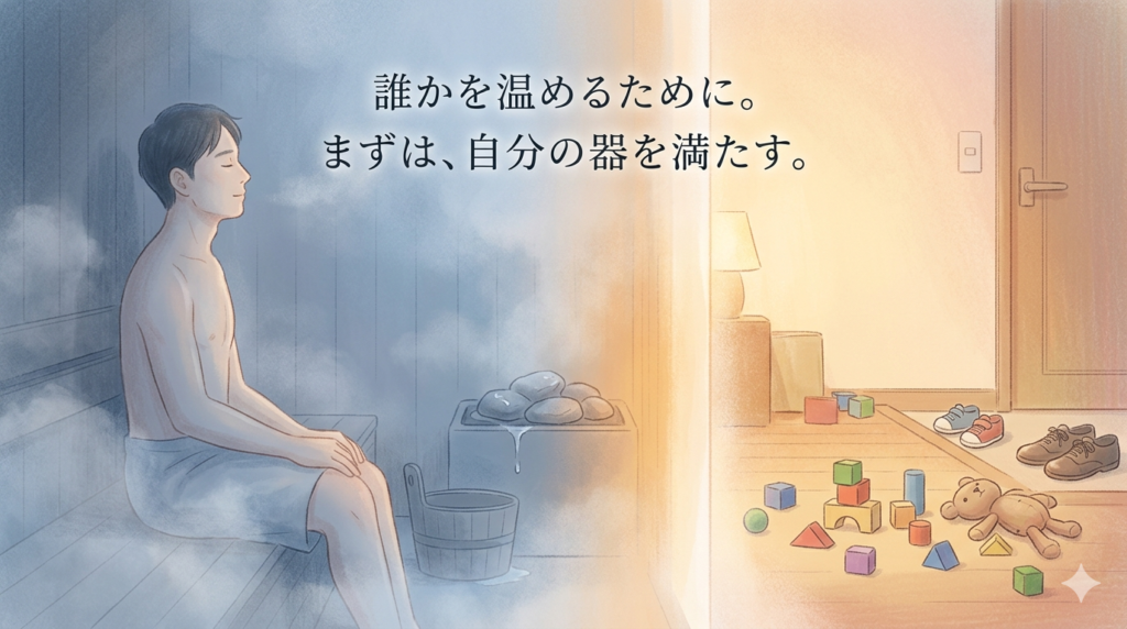 左側はサウナの蒸気の中で目を閉じ、静かに呼吸を整える30〜40代の日本人男性の横顔。右側は、家のリビングの暖かい光の中に家族の靴や子供のおもちゃが描かれているが、男性はあえて左側の「静寂の空間」に身を置いている。