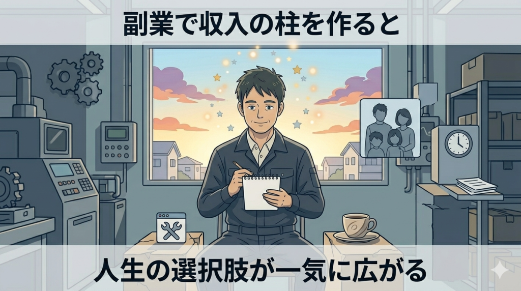 複数の道が広がっている分岐点に立っている40代日本人男性のイラスト。どの道も明るく開けており「選択肢がある自由」を感じさせる構図。道の脇に小さなブログのアイコンが見える。