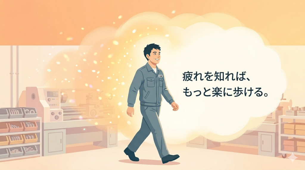 晴れやかな表情で、前を向いて歩き出す30代後半の日本人男性。彼の背後には、彼を守るような柔らかなオーラ（余白）が広がっています。自分の「疲れ方のクセ」を理解し、それをうまく調整しながら働く自信を感じさせる姿。全体的に非常に明るく、希望に満ちたオレンジやイエローのトーン。やわらかいタッチ。