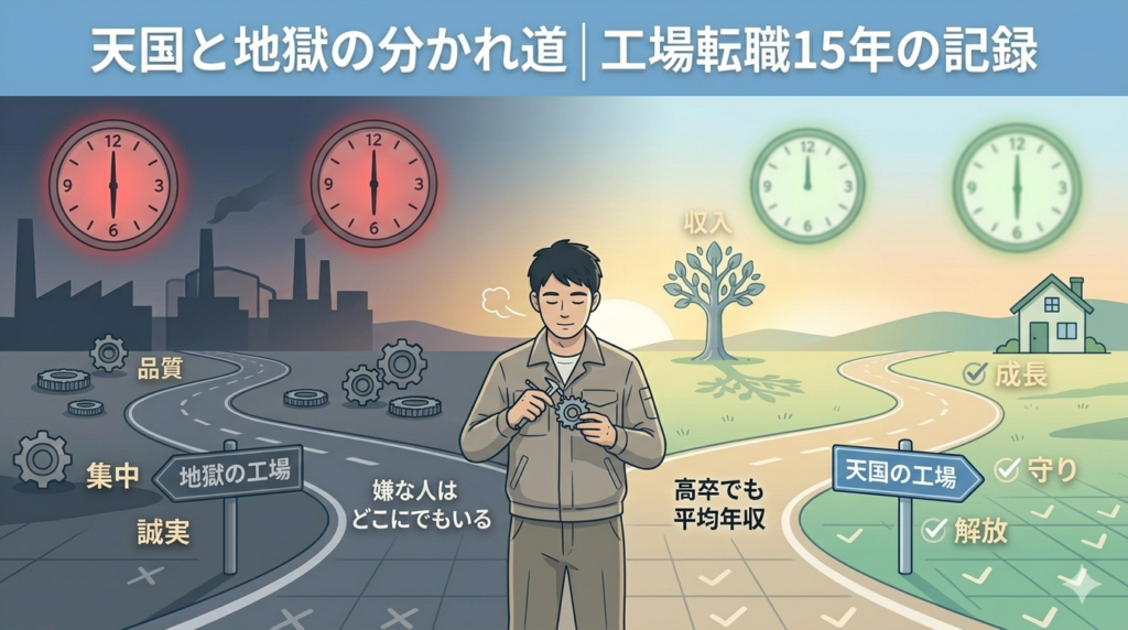 分岐する二本の道の前に立っている25歳ごろの日本人男性のイラスト。左の道は暗く重い工場のイメージ、右の道は明るく希望のある工場のイメージ。「選択・岐路・人生の分かれ道」という詩的な雰囲気。