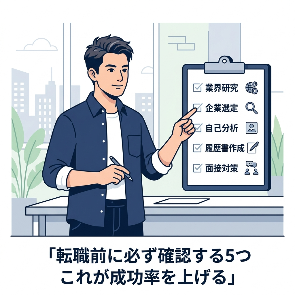 スマートフォンで求人を検索し始めている40代日本人男性のイラスト。「行動開始・今すぐ動く・具体的な第一歩」という実用的で前向きなイメージ。