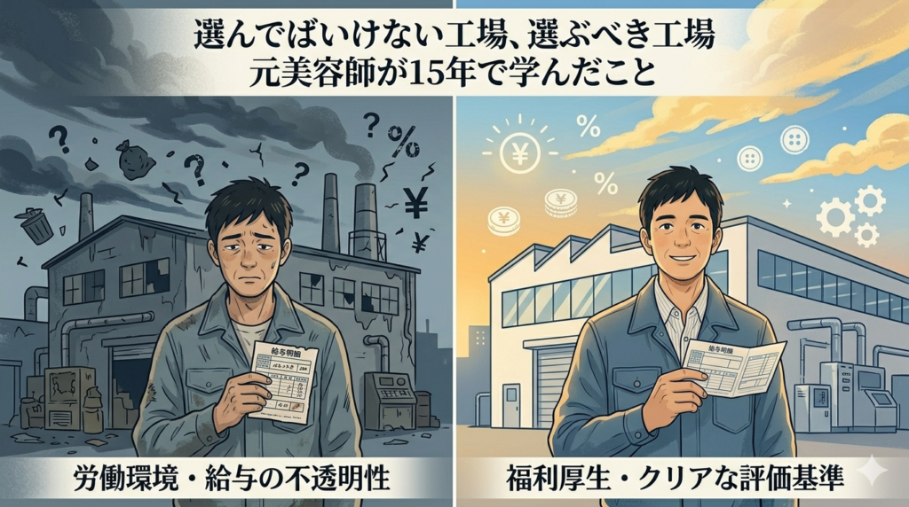 二つの工場を左右に比較するように並べたイラスト。左は暗く重い雰囲気、右は明るく整った雰囲気。「比較・選択・判断」という実用的なイメージ。